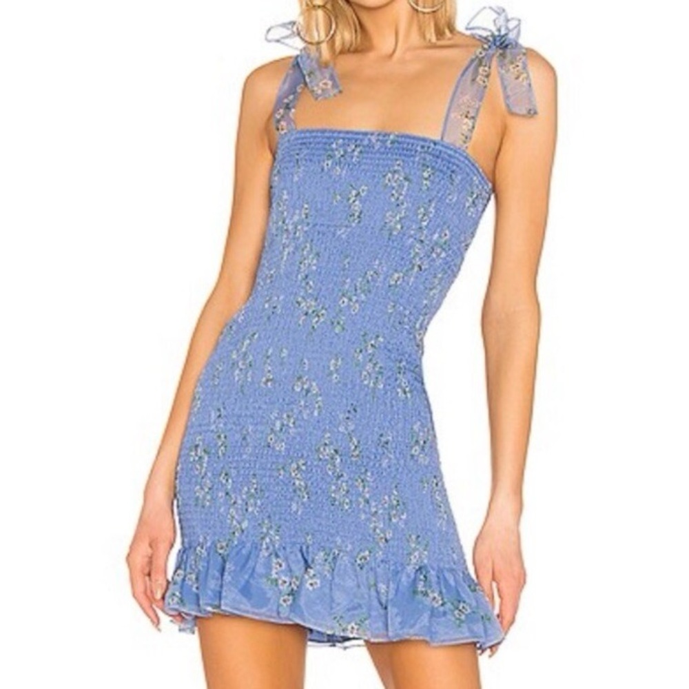 Amanda Uprichard/ Revolve Amara Blue Floral Smocked Tie Strap Mini Dress, Size M